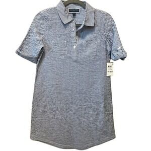 Karen Scott Seersucker Woven Dress Blue White Stripe Button Neck Pet SM